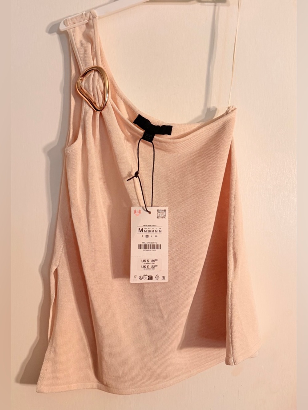 Zara One-Shoulder Ring Detail Tank Top - Blush/cream  NWT